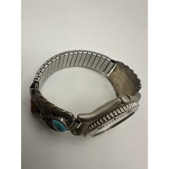 Vintage Mens Watch with Navajo Made Sterling Silver Turquoise Coral Watch Tips - Picture 4 of 11